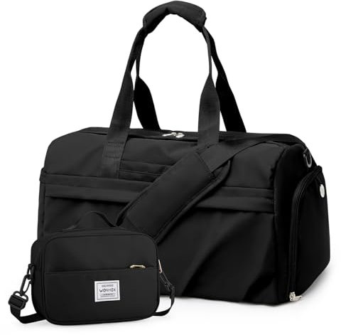 Sporttasche für Damen und Herren, mit Schuhfach, Sporttasche, wasserdicht, für Reisen, Wochenendausflüge, Übernachtung, Handgepäcktasche für Yoga, mit Trolleyhülle, A-schwarzes Set, Turnbeutel