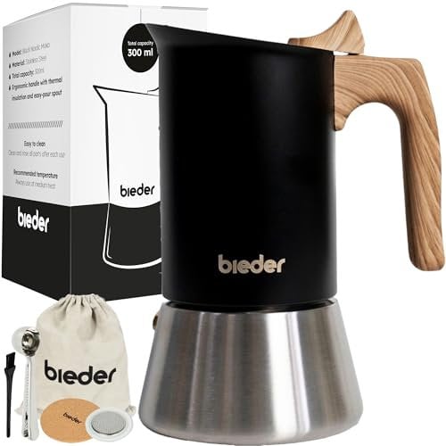 bieder - Nouvelle Nordic Moka Induction - Cafetière italienne en acier inoxydable - Convient à l'induction - Capacité 300ml - 6 tasses (6x50ml) (Noir)