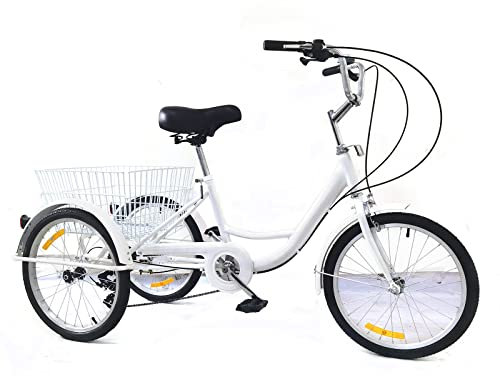 ROGONPDK 8 Gänge Dreirad 20 Zoll Dreirads, 3 Räder 8 Gang Adult Fahrrad Erwachsenendreirad Weiß Dreirad Senioren Fahrrad mit Korb