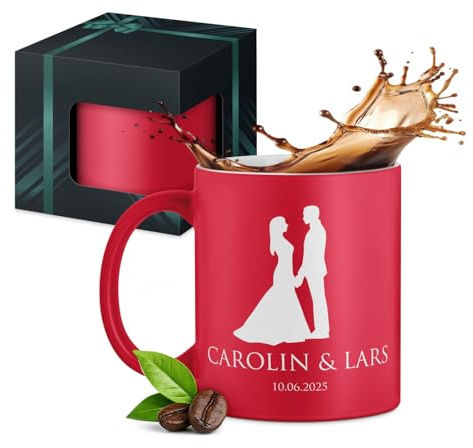 Maverton Keramik Kaffeetasse 330ml mit Gravur - Kaffeebecher mit funktionellem Henkel - personalisierter Keramikbecher für Paar zum Hochzeitstag zu Weihnachten - matt rot - Innen weiß - Trauung