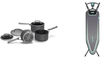 Ninja ZEROSTICK Premium Cookware 3-Piece Saucepan Set with Glass Lids, Non Stick 3 Pan Set & Minky Ergo Mint Prozone Ironing Board, Black, 122 x 38cm [Amazon Exclusive]