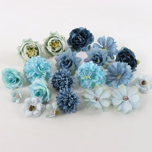 20 Stücke Kunstblumen Köpfe 2-5cm Verschiedene Sorten, Künstlich Deko Blumen, Klein Fake blütenköpfe künstlich, Dekoblumen, Kunstblumen zum DIY Basteln, Tortendeko, Hochzeit Deko (Blau)