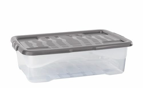 Strata 5 x 30 Litres Curve Plastic Stackable Storage Box & Lid with clip-on lids, 5 Pack, Multi storage box for home and office storage solution Clear Box, Grey Lid, (17cm H x 40cm W x 60cm D)