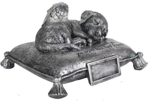 AENZA Hundeurne，Katzenurne,Hunde Urne grau als Hunde-Engelfigur und Gravurplatte, Tierurne Engel Hund schlafen auf Kissen Urne