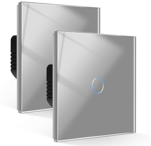 CNBINGO Interruptor de luz táctil de 1 banda de 2 vías, interruptores de luz de panel de vidrio templado con indicador LED, sin cable neutro, paquete de 2, gris