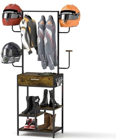 uyoyous Motorcycle Helmet Holder, Helmet Stand, Large Standing Helmet Holder, Metal Motorcycle Helmet Storage Rack with Drawer for Jacket, Hats, Multifunctional Helmet Rack, Motorcycle Accessories