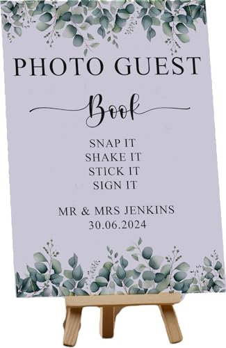 Personalised Wedding Photo Guestbook Sign, Customised with Eucalyptus (Personalised Card and Easel)