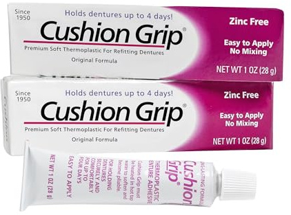 Cushion Grip Thermoplastic Denture Adhesive – Refits & Tightens Dentures, Works Like a Denture Reliner for a Long-Lasting, Secure Fit, Cushions Gums, Waterproof & Zinc-Free - 1 oz (Pack of 2)