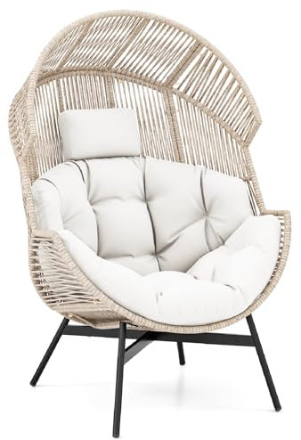 COSTWAY Standing Rattan Egg Chair, Oversized Garden Lounge Chair with Thick Cushions and Headrest, Indoor Outdoor Wicker Weave Egg Basket Seat Teardrop Chair for Patio Balcony Porch