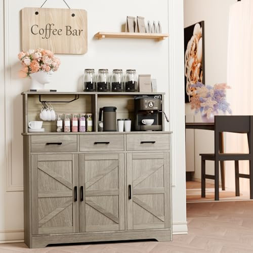 yacchi home Armario buffet con almacenamiento, 120 cm grande de doble capa, armario de cocina con 3 cajones y laminado móvil, armario de madera duradero para café (gris)