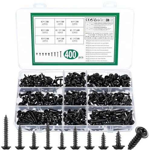 400 Pz Set Viti Autofilettanti M3 M3.5 M4 M5, Viti per Legno a Testa Piatta Nere, Vite Autoperforanti a Testa Cilindrica Croce Autoforanti Nero per Cartongesso Metallo