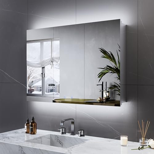LOMIKEN Spiegelschrank Bad mit Beleuchtung, 100 x 60 x 13 cm,Steckdose 3 Türiger LED Spiegelschrank mit Touch-Schalter, 3 Einstellbare Lichtfarben Beschlagfrei Badezimmer Medizinschrank Silber
