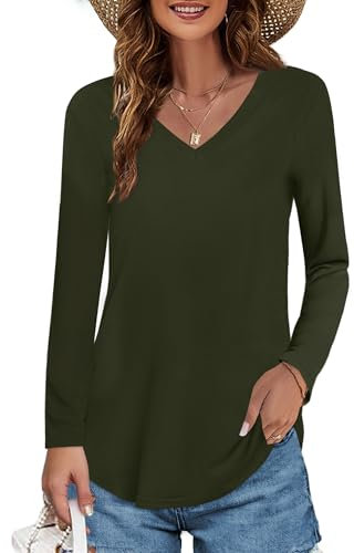 Elesomo Oberteile Damen Baumwolle T Shirt V Ausschnitt Langarm Tunika Tops, Armeegrün L