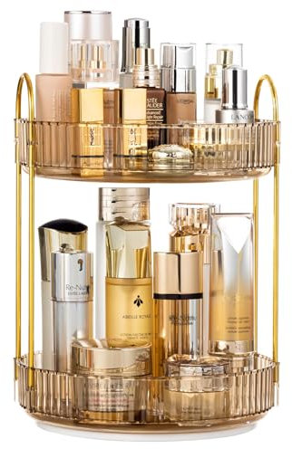 Cnwinu Make Up Organizer Drehbar,Schminktisch Organizer Rund,badezimmer organizer,Parfüm Regal,Beauty Organizer,Kosmetik Organizer für Kosmetik Skincare Parfum (2 Schichten Champagnergold)