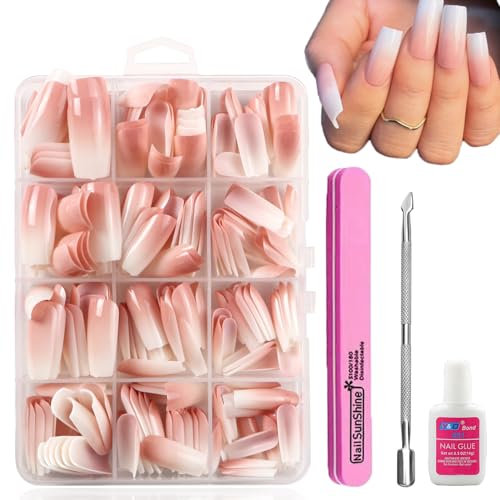 DMQ Press On Nails with Glue - 240Pcs Gradient Pink Long Square Fake Nails Kit, 12 Sizes Glossy Natural Ombre Nails for Women, Full Cover DIY Manicure(Easy Application)