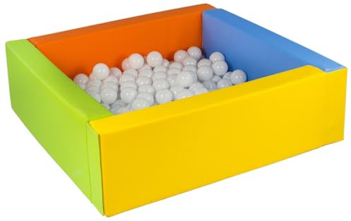 Velinda Piscine à balles carrée avec 200 balles, Cuir écologique, 5 éléments (Couleur de la Piscine/de balles: Jaune, Vert, Bleu, Orange/Blanc)