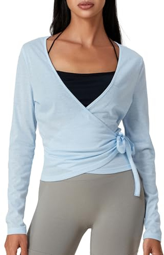Geagodelia Long Sleeve Fitted Pilates Yoga Wrap Tops for Women | Tie Front, Deep V-Neck, Ballet Tops, Pilates Clothes for Women