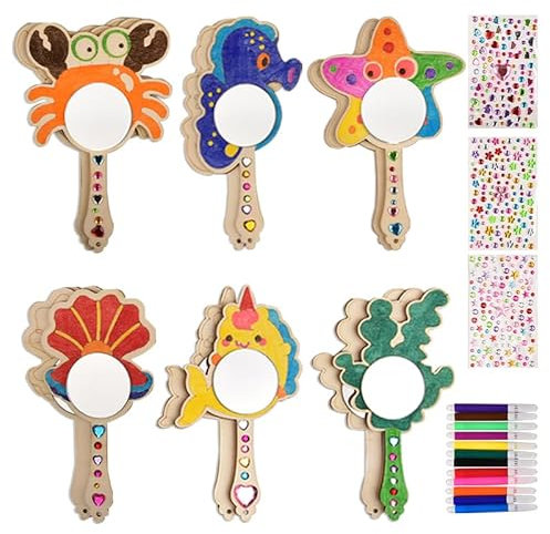 12 Stück Kindergeburtstag Holzspiegel für Kinder, Meerestiere Basteln, DIY Holz Bastelset Geburtstagsdeko, Handgemachter Spiegel Unvollendeter handgemalter Spiegel, Geschenk für ein Mädchen
