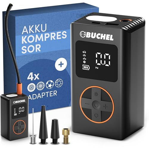 Büchel Mini Akku Luftpumpe mit 10.3 BAR/150 PSI & Adapter für gängige Ventile - Akku Kompressor mit Digitalem Manometer - USB-C Wiederaufladbare Elektrische Fahrradpumpe mit Powerbank&Taschenlampe