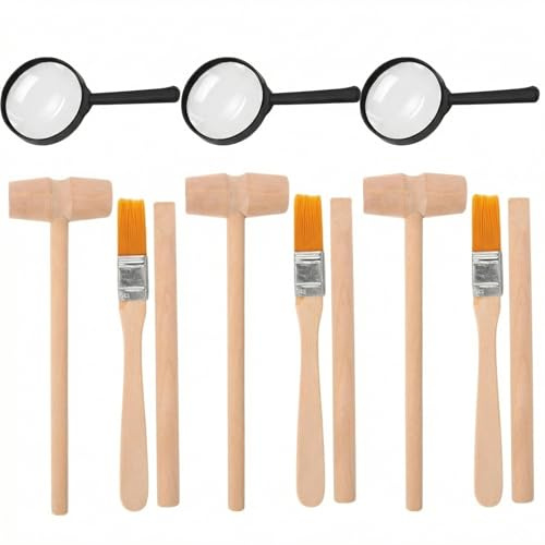 JOINPAYA Archaeological Excavation Tools for Kids: 3 Sets Dinosaur Fossil Digging Kits with Mini Hammer Chisel Brush Scraper and Magnifier Science Kits for Dino Eggs and Gem Dig