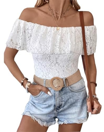 PHLCEhot Womens White Lace Short Sleeve Tops Off Shoulder Ruffled Slim Fit Tee Blouse