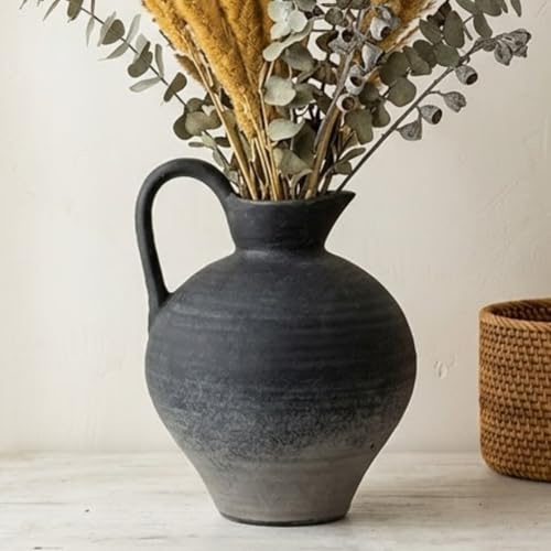 JIDOFUE Schwarze rustikale Keramik Vase Vintage Blume Nehmen Sie den Griff,Keramik Terrakotta Hoher Boden Vase Bauernhaus Rustikal für Home Decor Schlafzimmer