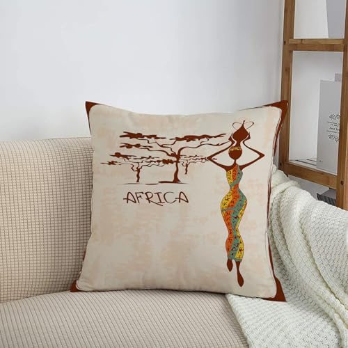 HRRASFAZF Garten Dekorative Kissenhülle Zierkissen Bezüge für Sofa Wohnzimmer Sommer Frühling Kissenbezug,Afrikanische Frau, Vintage Afrika Themenillustration,50x50 cm