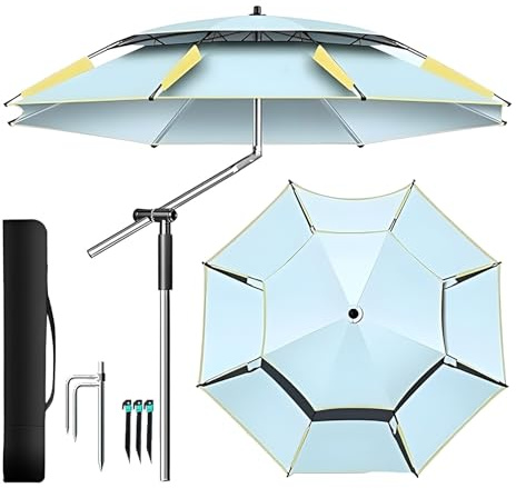 Générique Parasol de Pêche Portable Ventilé, 240 cm Parasol de Voyage Pliable avec Sac de Transport et Ancre, Abri Pare-soleil de Camping Bleu Inclinable pour Pique-niques Plage(250cm/8.2ft)
