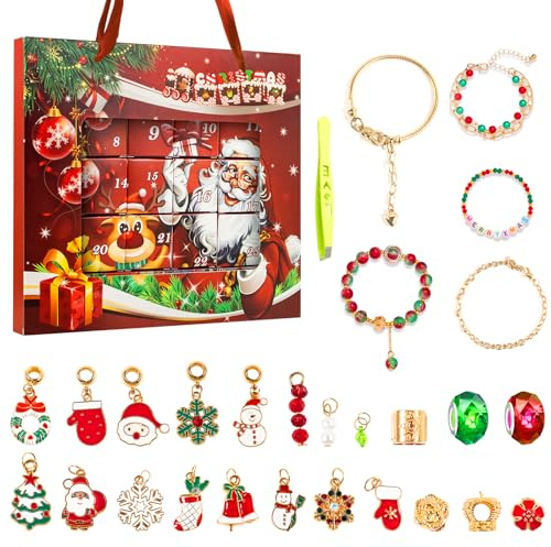 Adventskalender 2025 Kinder Mädchen, Weihnachtskalender Schmuck Basteln Armbänder Halsketten, 24 Füllung Adventskalender Schmuck Weihnachten Geschenke Mädchen 6 7 8 9 10 11 12 13 Jahre