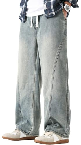 PADOLA Jean Homme Baggy Taille Elastique Pantalon Cargo avec 4 Poches Décontracté Y2K Jeans Coupe Droite Loose Fit Pantalon de Travail Jambe Large Denim Pantalons Streetwear