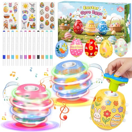 Lubolee Oster Ei Kreisel Spielzeug für Kinder, Ostereier zum Bemalen mit Licht & Musik, Osterspielzeug Ostergeschenk Kinder, Ideal für Osterkörbchen Füllung Osterparty Mitgebsel Ostereiersuche