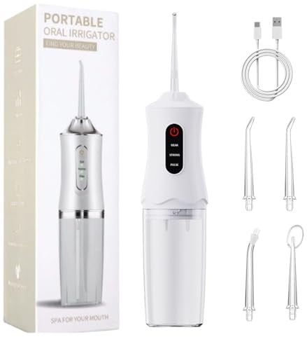 Munddusche Kabellos Zahndusche, Water Flosser for Teeth, Oral Irrigator Zähne Waterflosser Dental, Zahnzwischenraumreiniger Mundduschen mit 4 Düsen 1 Ladekabel