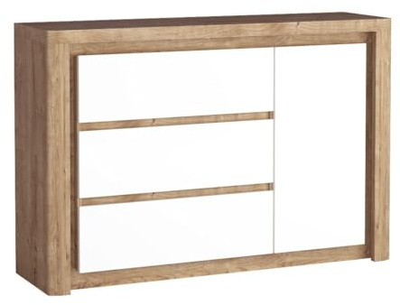 Masseno Kommode VARUS 144 cm Sideboard mit 3 Schubladen und 1 Türen für Wohnzimmer Schlafzimmer Modern 144x40,5x97,5 cm Eichefarben/Weiß
