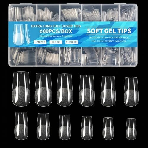 600Pcs Square Nail Tips, Soft Gel Full Cover Clear Press on Nails, Acrylic False Nail Extensions Kit for DIY Manicure Art Salon, 12 Sizes