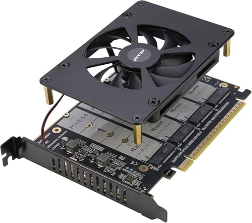 Adattatore Quad NVMe PCIe 5.0 con ventola, RIITOP PCIe 5.0 x16 a scheda SSD NVMe 4X (compatibile con schede madri PCI-e Bifurcation)