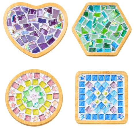 Mosaik Kit de loisirs créatifs pour adultes – lot de 4 dessous de verre en mosaïque avec carreaux de verre colorés, dessous de verre DIY en bois, kit créatif pour se détendre et créer, idée cadeau