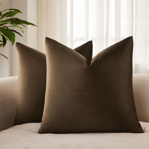 JUSPURBET 16x16 Decorative Velvet Throw Pillow Covers Cases Set of 2,Brown | Modern Soft Cushion Covers with Hidden Zipper for Couch Sofa Bed Living Room Bedroom Home Decor