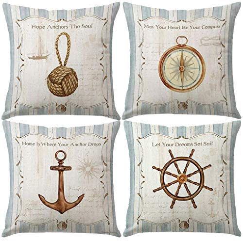 7COLORROOM Kissenbezug im Vintage-Stil mit maritimen und Strand-Motiv, mit Anker, Kompass, 4 Stück, quadratisch, Baumwollleinen, 45,7 x 45,7 cm (Meeresstil)