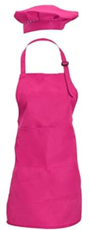CWFUN 2 Pcs Hot Pink Kids Apron and Chef Hat Set, Adjustable Bib With 2 Pockets for Boys Girls, Kitchen Cooking Baking Painting Wear (4-12 Years Old, 1 Set)