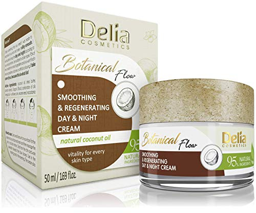 Delia Cosmetics - Botanical Flow Gesichtscreme - Glättend und regenerierend - Natürliche Inhaltsstoffe: Kokosnussöl, Sheabutter, Wegerichextrakt, Drachenblut, Öle - Tag & Nacht - Alle Hauttypen - 50ml