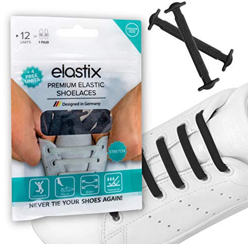 Elastix - Cordones elásticos de goma sin atar para adultos - Bandas de silicona sin lazos en planos para el ocio y el deporte, Negro, Talla única