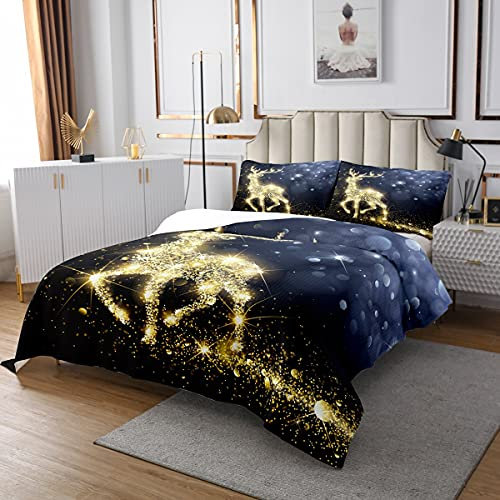 Goldener Elch Tagesdecke, für Jungen Mädchen Weihnachtsmann Geschenke, Frohe Weihnachten Thema Bettdecke Set, Weihnachten Blau Sternenhimmel Print Kawaii Deer Dekor Bettwäsche Kollektion, 240x260