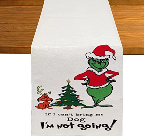 SharkBliss Grinch Christmas If I Can't Bring My Dog I'm Not Going Tischläufer, saisonaler Winter, Weihnachten, Urlaub, Küche, Esstischläufer für drinnen und draußen, Party-Dekoration, 33 x 183 cm