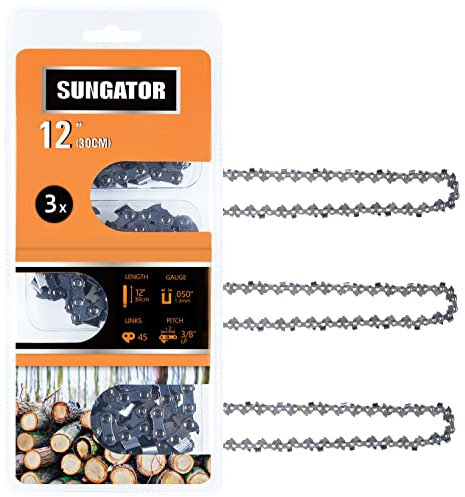 SUNGATOR Sägekette SG-S45, 30,5 cm, 3/8 Zoll LP Teilung - 0,50 Zoll Gauge – 45 Treibglieder, kompatibel mit Craftsman, Greenworks, Poulan, Remington, 3 Stück