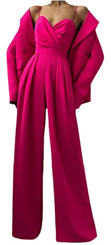 Geagodelia Combinaison Pantalon Femme Sans Manches Col V Jumpsuit à Bretelles Dos Nu Jambe Large Couleur Uni Chic Elégant Pour Soirée Mariage Cérémonie Fête (Rose vif, XL)