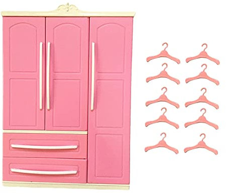 Rosa Puppengarderobe, Aufbewahrungsschrank mit 10 Kleidungsstücken