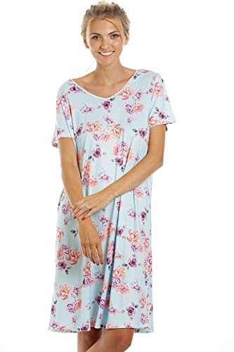 Camille Short-Sleeved Lightweight Floral Ladies Nightdress – Knee-Length Breathable Summer Nighties For Women With V-Neckline And Loose-Fitting Silhouette - Blue, Cream And Navy Available