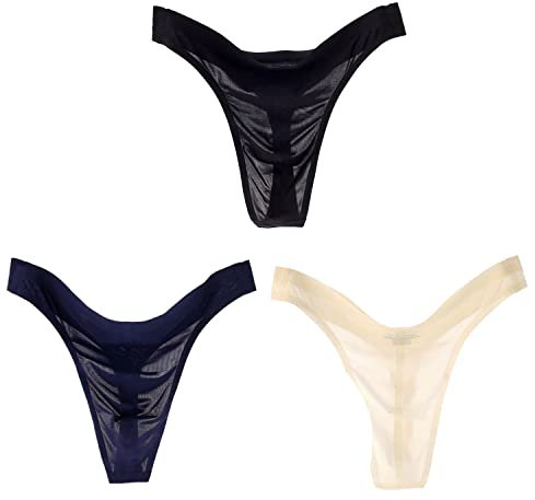 Alienjoy String sexy pour homme - Sous-vêtement sexy pour homme - Taille basse - En soie glacée - Lisse - Sans coutures - Transparent, noir/blanc/bleu foncé (lot de 3), XXL