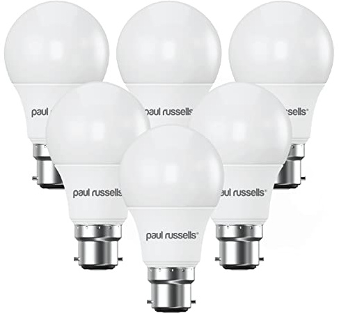 paul russells LED GLS - Dimmable Bayonet Light, 8.5W 806 Lumens B22 A60 LED Bulbs, 60w Equivalent, 6500K Daylight, Dimmer Standard BC Energy Saving Ceiling Lightbulbs, Pack of 6