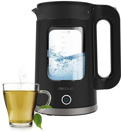 Cecotec Bouilloire Électrique 1,7L Thermosense 330 Glassy, 2200W, Corps en Verre Borosilicate, Filtre Anticalcaire, Garde au Chaud, Base 360º, Récipient sans Fil, Indicateur Lumineux